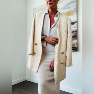 ZARA Metallic ECRU Gold Textured Tweed Double Breasted Frock Blazer